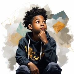 Black boy in thinking and doubts pose photorealistic illustration. Male character with dreamy face on abstract background. Ai generated realistic bright poster.