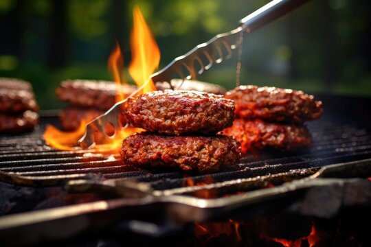 Tongs Flipping Juicy Burger Patties On Grill