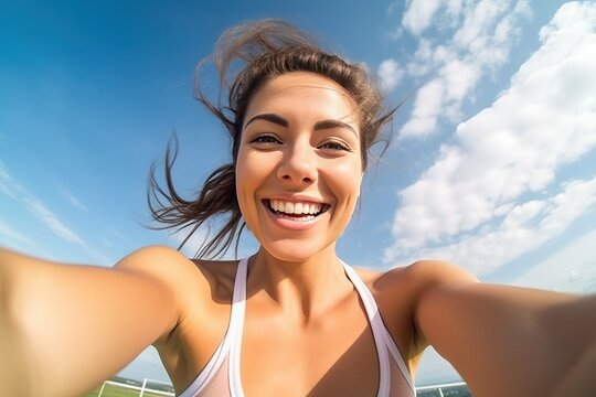 Fitness woman taking fun selfie against the sky.