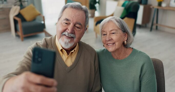Senior couple, selfie and smile in home for blog, post or memory with romance, love and bonding in retirement. Old man, elderly woman and happy for profile picture, photography or social network app