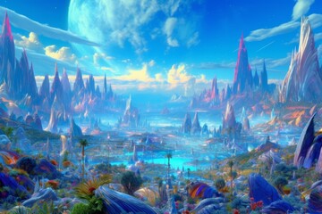 Landscape View of a Futuristic Fantasy World Surreal Psychedelic Parallel Dimension Background
