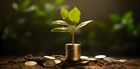 Fototapeta na wymiar Seedling growing on a pile of coins has a natural backdrop, blurry green, money-saving ideas, and economic growth created with Generative AI technology