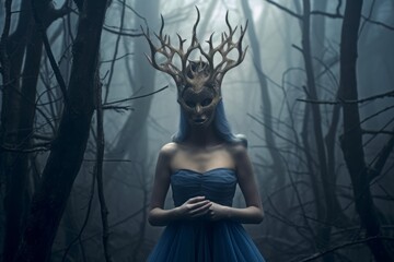 Masked Mysterious Woman in a Forest