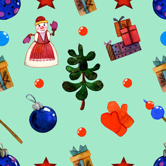 Christmas watercolor seamless pattern with Christmas balls, knitted mittens, gifts, and snowmen on a light background. Wrapping paper, cards, seasonal decorations, background, endless illustration.