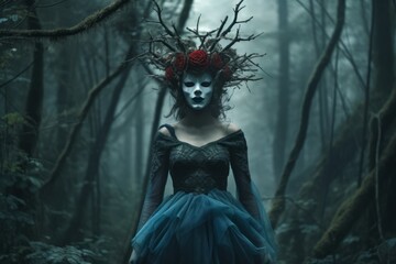Masked Mysterious Woman in a Forest