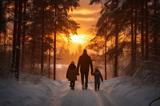 Family winter forest sunset lifestyle. Generate Ai