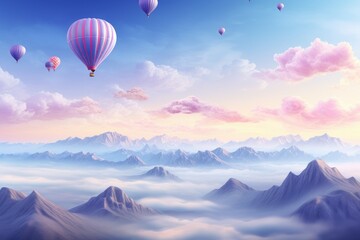 Fototapeta premium Sky mountains clouds balloons. Generate Ai