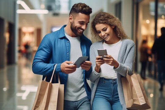 happy woman and man with purchases in the mall. Shopping concept. generative ai.