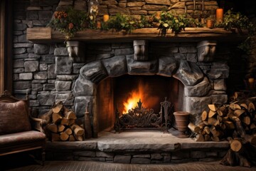 rustic stone fireplace with burning logs