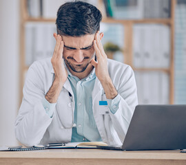 Frustrated man, doctor and headache in stress, mistake or debt from burnout, pain or deadline at the hospital. Male person or medical employee in anxiety, depression or mental health at the clinic
