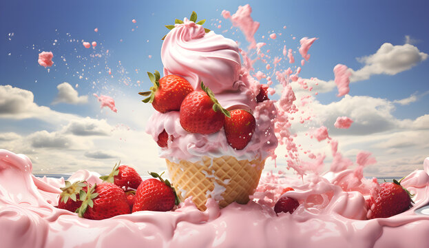 3d illustration  of  strawberry ice-cream created  with Generative AI technology