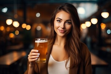 a girl holds a beer in her hands in a pub. generative ai.
