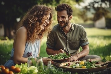 a man and a woman make a salad on a picnic in the park. generative ai.