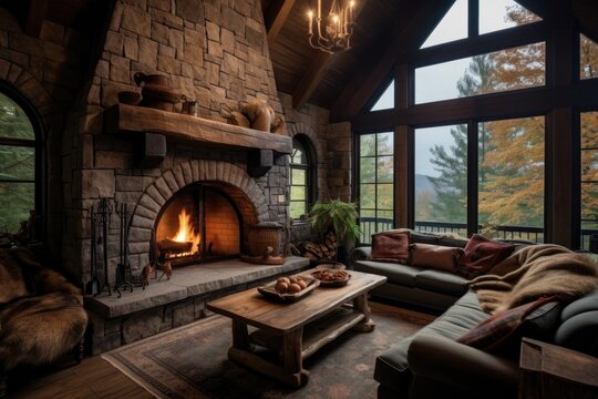 rustic stone fireplace in a cabin setting