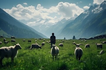 a man grazes goats and sheep in the meadow against the background of mountains. generative ai.