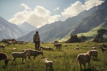 Fototapeta na wymiar a man grazes goats and sheep in the meadow against the background of mountains. generative ai.