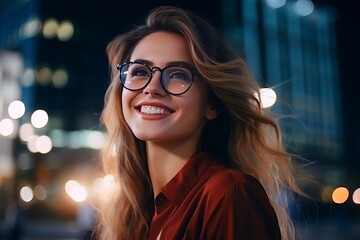 A happy young girl in glasses is smiling in the light of the night city. Free life concept. generative ai.
