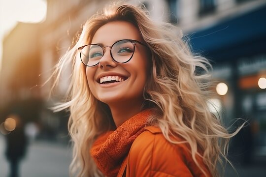 A happy young girl in glasses is smiling in the light of the morning light. Free life concept. generative ai.