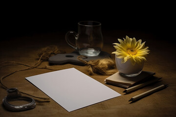 Blank paper sheet card with copy space on the table and yellow flower