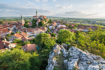 Fototapeta premium Aerial view on Mikulov town in Czech Republic with Castle and bell tower of Saint Wenceslas Church