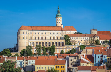 Obraz premium Aerial view from Holy Hill on Castle in Old Town of Mikulov in Czech Republic