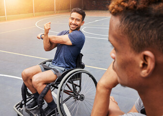 Sports, wheelchair user and man on basketball court for training, challenge and competition. Fitness, health and warm up with person with a disability and stretching for workout, game and start