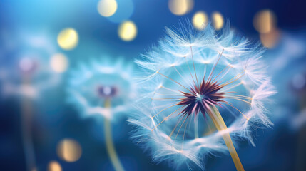 White dandelion seeds blue background.. Generative ai