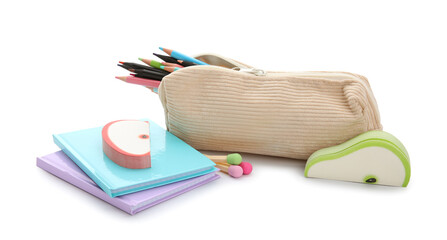 Notebooks and school stationery on white background