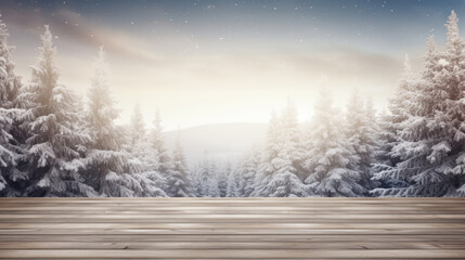 Winter christmas scene snowy trees wooden floor sunny defocused background with copy space.. Generative ai