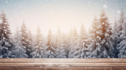 Winter christmas scene snowy trees wood floor snowflakes background with copy space.. Generative ai