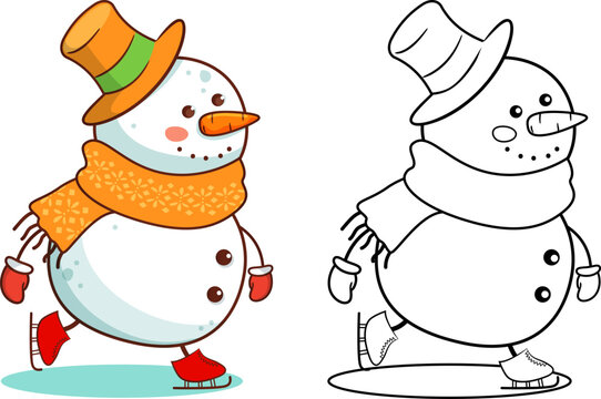 Snowman coloring page for kids. Vector illustration.