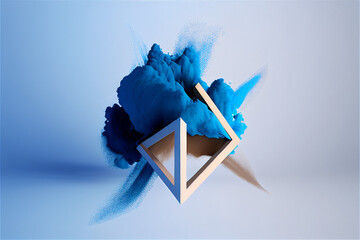 artistic abstract sculpture made of triangles with a blue powder explosion