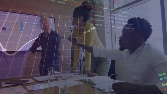 Animation of stock market data processing over diverse colleagues discussing together at office