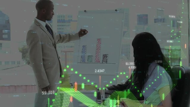 Animation of financial data processing against african american businesman giving a presentation