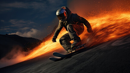 Volcano boarding extreme sports photography bottom angle shot view. Generative ai