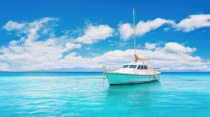 Obraz premium White boat background in turquoise ocean water against blue sky with white. Generative ai