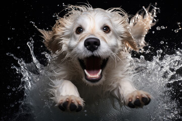 View of white dog with brown ears at camera in midst of splashing water, splash concept on black background. Generative ai