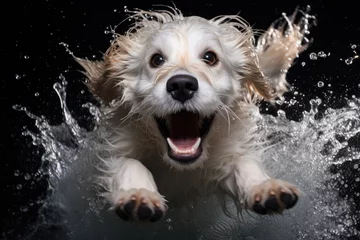 Foto op Plexiglas View of white dog with brown ears at camera in midst of splashing water, splash concept on black background. Generative ai © LFK