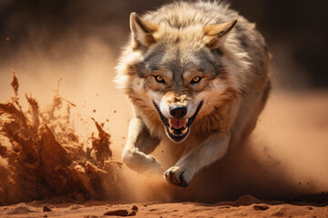 Very close up shot of gray and white wolf running on sand between dust and mud. Generative ai