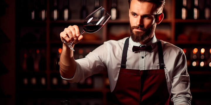  Bokal of red wine on background of male sommelier appreciating color, quality, flavor and sediments of drink. Professional degustation expert in winemaking.