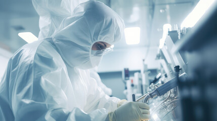 A man in protective clothing working on equipment. Pharmaceautical clean room, industrial design, large scale chemical production in controlled sterile conditions
