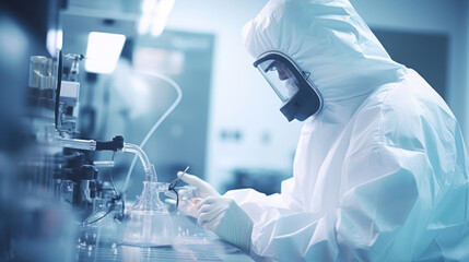 Fototapeta premium A man in protective clothing working on equipment. Pharmaceautical clean room, industrial design, large scale chemical production in controlled sterile conditions