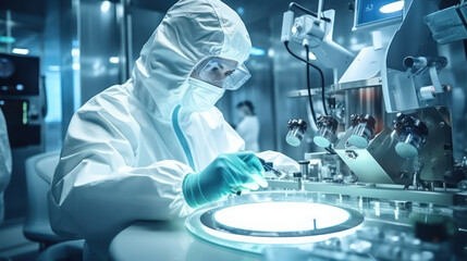 A man in protective clothing working on equipment. Pharmaceautical clean room, industrial design, large scale chemical production in controlled sterile conditions