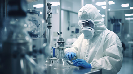 A man in protective clothing working on equipment. Pharmaceautical clean room, industrial design, large scale chemical production in controlled sterile conditions