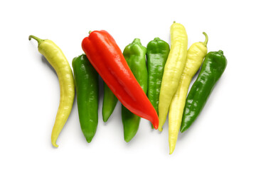 Different chili pepper on white background