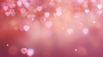 Abstract background with hearts and light shine particles bokeh on pink background.