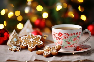 Obraz na płótnie Canvas Gingerbread christmas cookies tea cup. Generate Ai