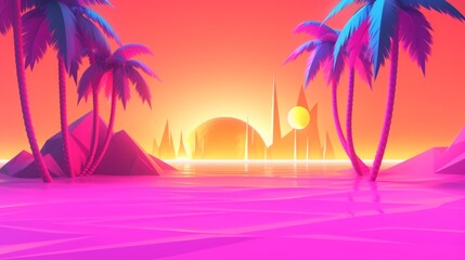 Fototapeta na wymiar Neon Tropical Synthwave Theme 3D Abstract Background