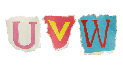 U, V and W alphabets on torn colorful paper . Ransom note style letters.