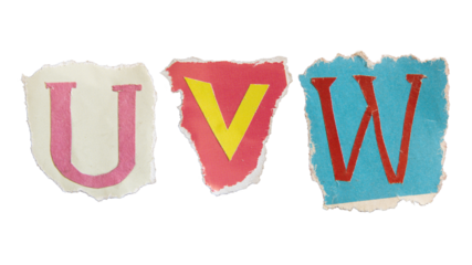U, V and W alphabets on torn colorful paper . Ransom note style letters.
